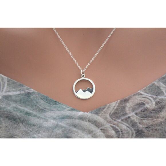 Sterling Silver Mountain View Pendant Necklace, Silver Mountain Climber Necklace - Picture 1 of 3